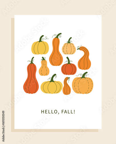 Autumn greeting card with colorful pumpkins and the inscription Hello, Fall. Seasonal autumn design with natural motifs.
