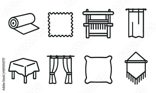 Home decor linear icon set. featuring fabric roll, textile sample, loom, curtain, tablecloth, drapery, pillow, wall hanging.