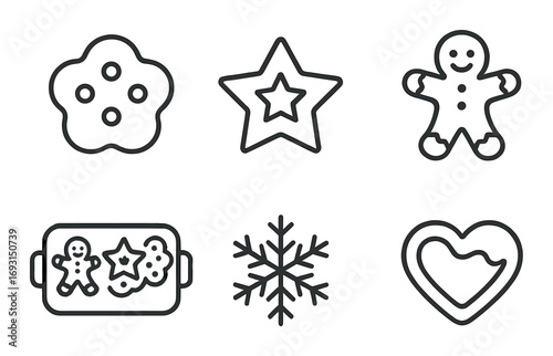 Holiday baking linear icon set. featuring gingerbread man, cookie, star, snowflake, tray, heart icons.