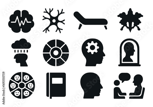 Psychology silhouette icon set. featuring brain, neuron, therapy, mental health, cognition, and counseling symbols.
