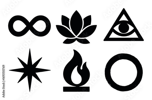 Spiritual symbols silhouette icons set. featuring infinity, lotus, eye, star, flame, circle symbols.