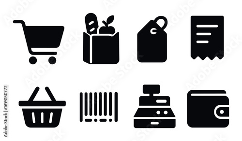 Shopping silhouette icon set. featuring cart, groceries, tag, receipt, basket, barcode, cash register, wallet.