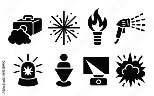 Disaster emergency silhouette icon set. suitcase, explosive, fire, shower, alarm, speaker, screen, explosion.