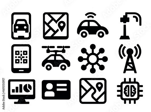 Transportation and technology silhouette icon set. featuring car, map, qr code, drone, network, and antenna symbols.