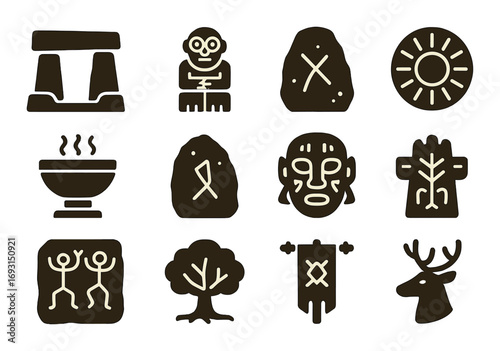 Ancient culture silhouette icon set. featuring stonehenge, mummy, cave paintings, sun, and totem pole symbols.