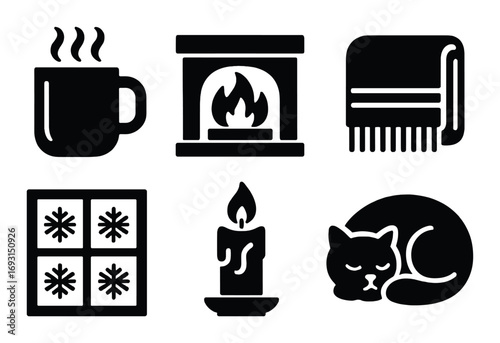 Cozy home silhouette icon set. featuring cup, fireplace, blanket, window, candle, and cat symbols.