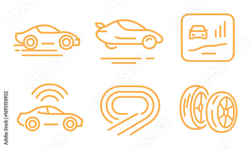 Racing car neon icon set. featuring speed, drift, track, wheels, and performance symbols.