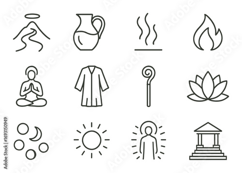Spirituality linear icon set. featuring yoga, meditation, incense, moon, halo, lotus, and temple symbols.