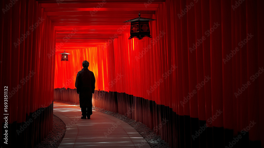 Fototapeta premium Kyoto Shrine with Endless Vermilion Torii Gates and Silhouetted Figure for Life and Business Journey