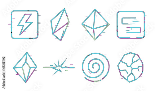 Neon gaming icons set. featuring lightning, crystal, cube, menu, star, spiral, and shield symbols.