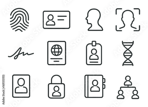 Identification linear icon set. featuring fingerprint, id card, profile, passport, signature, privacy symbols..