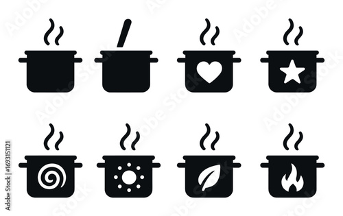 Cooking pots silhouette icon set. featuring steam, ladle, heart, star, swirl, dots, leaf, flame icons.