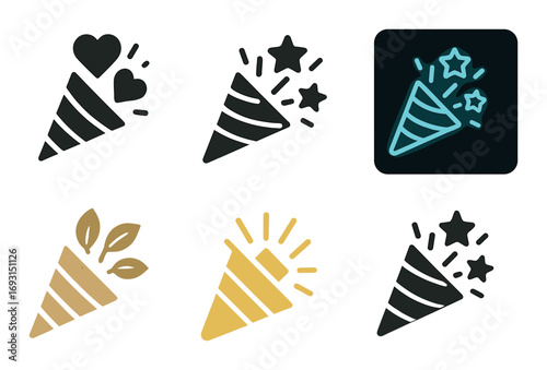 Party celebration flat icon set. featuring confetti, stars, hearts, and leaves symbols.