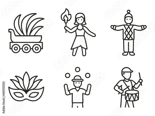 Carnival and circus linear icon set. featuring parade float, dancer, jester, mask, juggler, drummer.