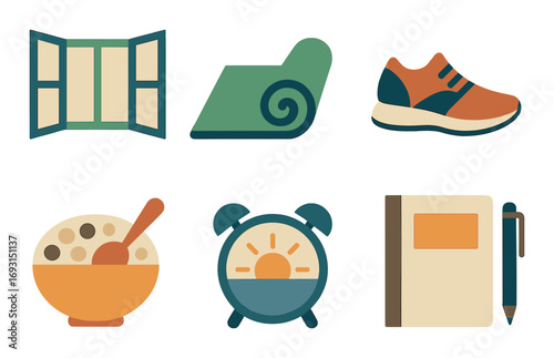 Morning routine flat icons set. featuring window, yoga mat, sneakers, cereal, alarm clock, and notebook symbols.