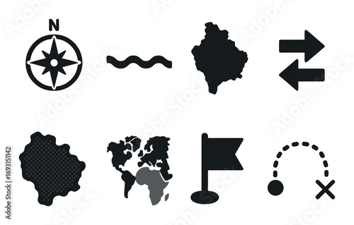 Navigation silhouette icon set. featuring compass, wave, myanmar, arrows, territory, world map, flag, and path symbols.