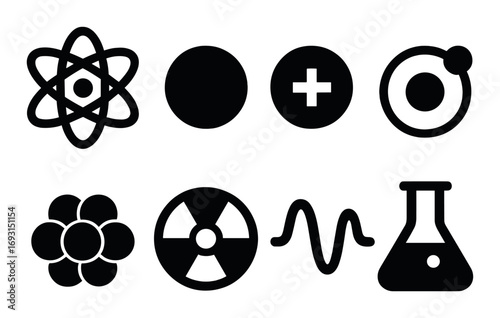 Science and chemistry silhouette icon set. featuring atom, molecule, lab flask, radiation, and waveform symbols.