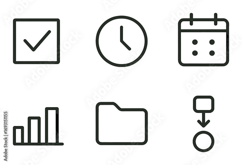 Business management linear icon set. featuring checklist, clock, calendar, chart, folder, workflow symbols.