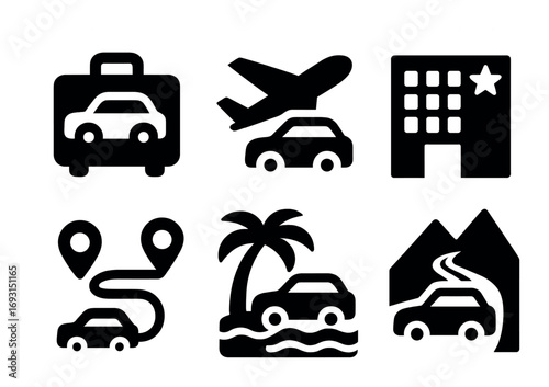 Travel and transport silhouette icon set. featuring suitcase, airplane, hotel, map, beach, and mountain symbols.