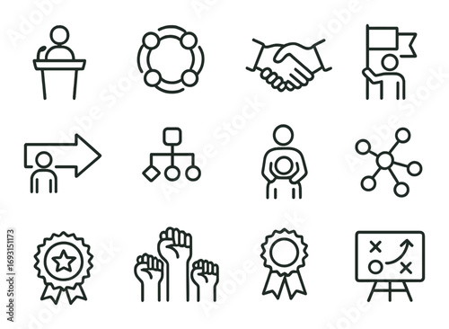 Leadership and teamwork linear icon set. featuring podium, handshake, hierarchy, award, and strategy symbols.