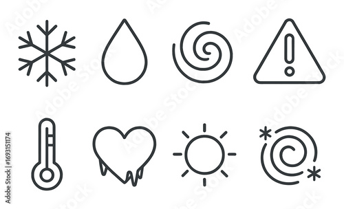 Weather elements linear icon set. featuring snowflake, raindrop, hurricane, caution, thermometer, heart, sun, storm symbols.