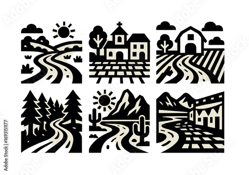 Rural landscape silhouette icons set. featuring sunrise, church, barn, forest, desert, and mountains.