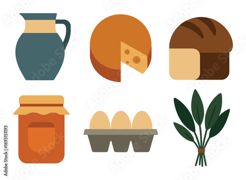 Food and cooking flat icon set. featuring milk, cheese, bread, jam, eggs, and spinach icons.