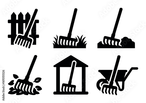 Gardening tools silhouette icon set. featuring rake, wheelbarrow, fence, leaves, soil, and grass symbols.