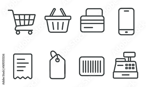 E-commerce linear icon set. featuring cart, basket, credit card, phone, receipt, tag, barcode, and cash register.