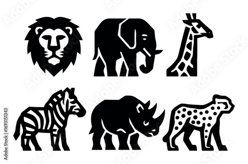 Wildlife silhouette icon set. featuring lion, elephant, giraffe, zebra, rhinoceros, and cheetah.