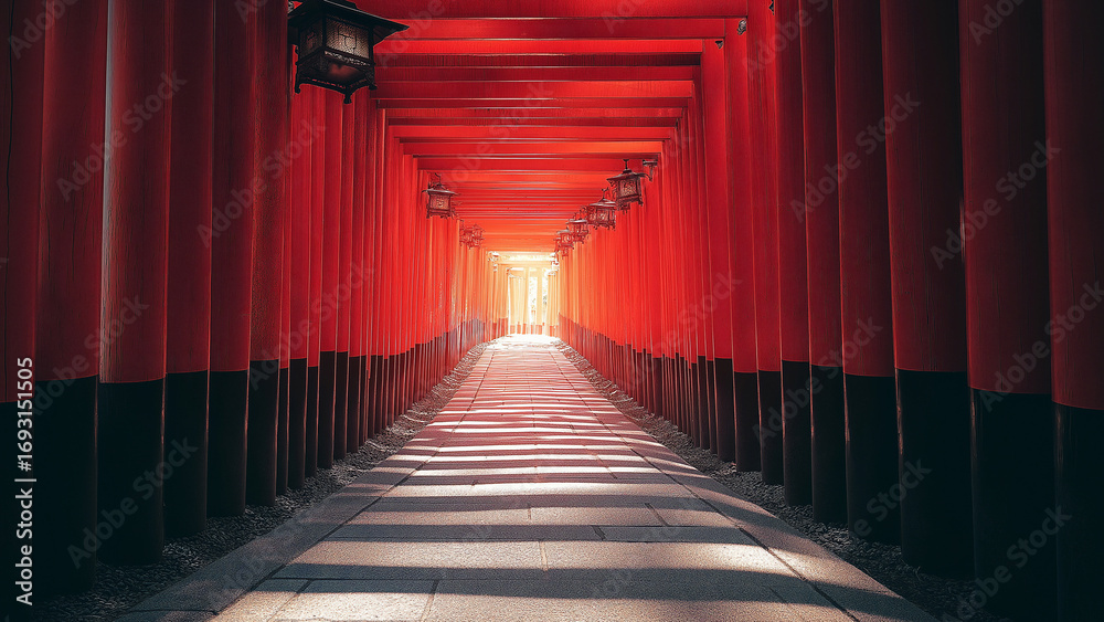 Fototapeta premium Rough Radiant Path through Vermilion Kyoto Senbon Torii Gates with Gritty Stone Steps and Unknown Challenge