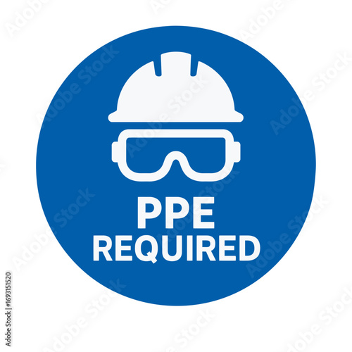 A safety sign indicates that ppe, or personal protective equipment, is mandatory. Modern flat vector sticker label with icon and badge style, transparent background