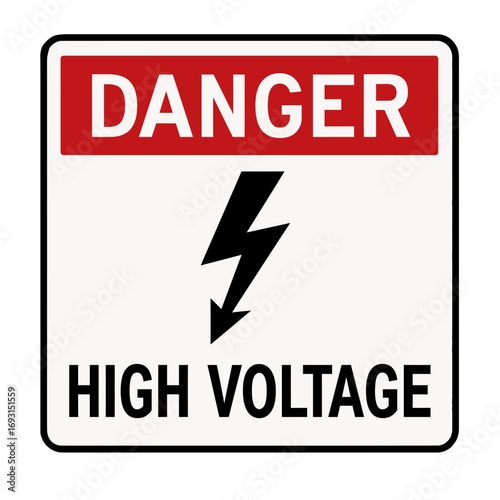 The danger high voltage sign warns of electrical hazards with a lightning bolt. Modern flat vector sticker label with icon and badge style, transparent background