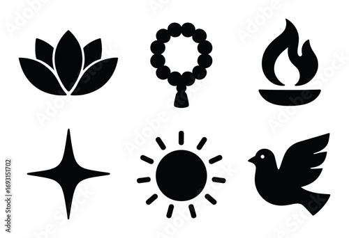 Spiritual silhouette icon set. featuring lotus, rosary, lamp, star, sun, and dove symbols.