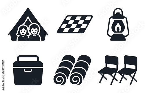 Camping essentials silhouette icon set. featuring tent, mat, lantern, cooler, sleeping bag, and chair symbols.