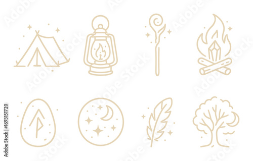 Camping and nature silhouette icon set. featuring tent, lantern, wand, campfire, rune, moon, feather, tree.