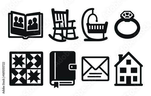 Home and family silhouette icon set. featuring photo album, rocking chair, cradle, ring, quilt, journal, envelope, house.