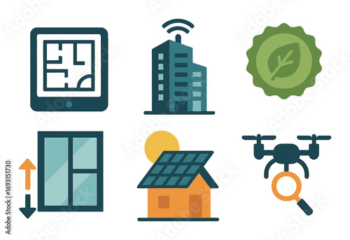 Smart home flat icon set. featuring tablet, building, eco label, window, solar house, drone.