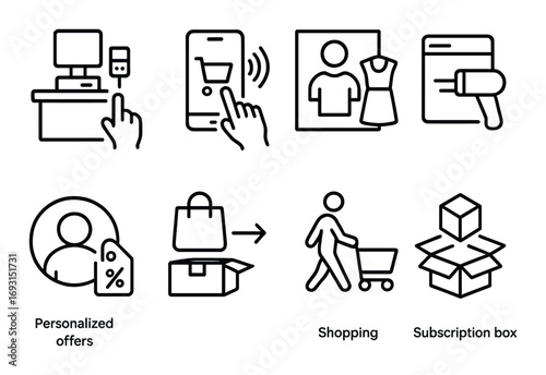 E-commerce linear icon set. featuring payment, mobile shopping, offers, personalization, cart, and subscription box.