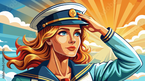 Close-up portrait of female sailor adjusting cap under sunlight. Isolated white background symbolizes independence, confidence, and maritime tradition.