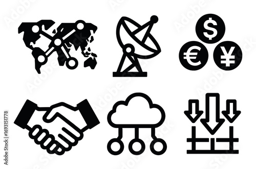 Business and networking silhouette icon set. featuring map, satellite, currency, handshake, cloud, and data flow symbols.