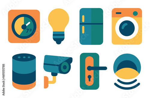 Home automation flat icon set. featuring thermostat, light bulb, refrigerator, washer, speaker, camera, door lock, sensor.