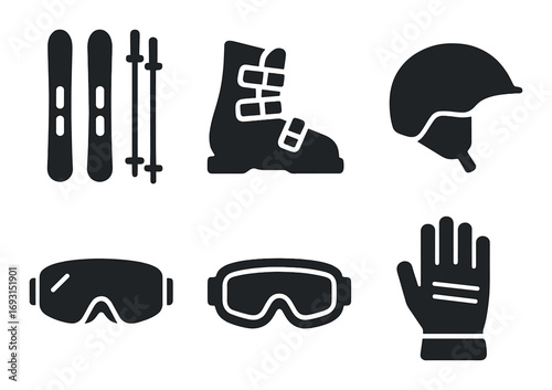 Winter sports silhouette icon set. featuring ski, poles, boot, helmet, goggles, and glove symbols.
