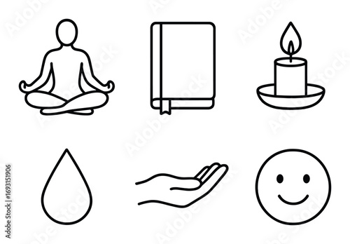 Wellness and relaxation linear icon set. featuring meditation, journal, candle, drop, hand, and smile symbols.