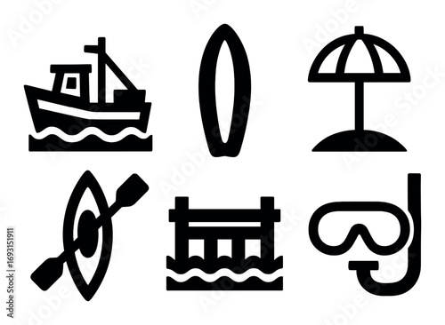 Beach activities silhouette icon set. featuring boat, surfboard, umbrella, kayak, pier, and snorkel designs.