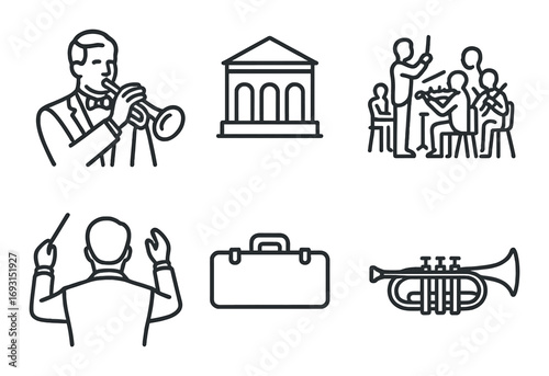 Music linear icon set. featuring trumpet, orchestra, conductor, symphony, and music case symbols.