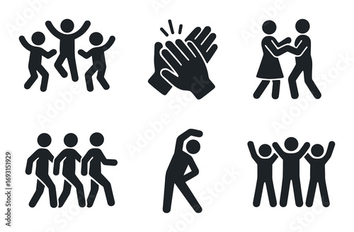 Dance silhouette icon set. featuring party, clap, couple, group, exercise, and celebration figures.
