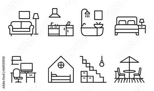 Home interior linear icon set. featuring sofa, kitchen, bathroom, bed, desk, house, stairs, and patio.