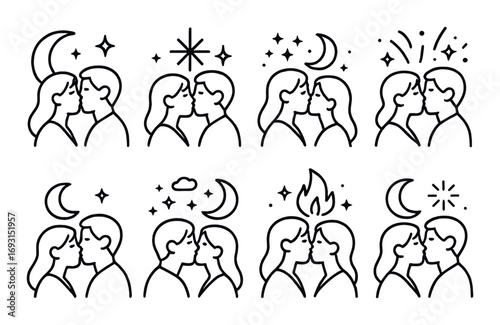 Romantic linear icon set. featuring couple, moon, star, fireworks, cloud, and fire symbols.