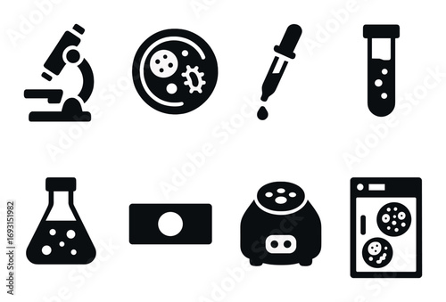 Laboratory equipment silhouette icon set. featuring microscope, petri dish, pipette, test tube, flask, slide, centrifuge, incubator.